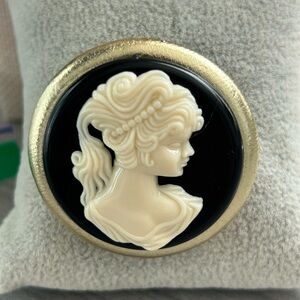 Handmade Cameo Brooch – Ivory Lady on Black Resin, Gold Tone Round Frame